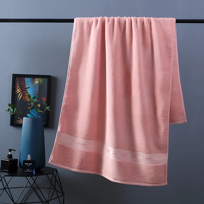 Three-piece cotton bath towel set in blue, featuring 70x150cm bath towel, 34x75cm hand towel, and 34x35cm square scarf for absorbent drying