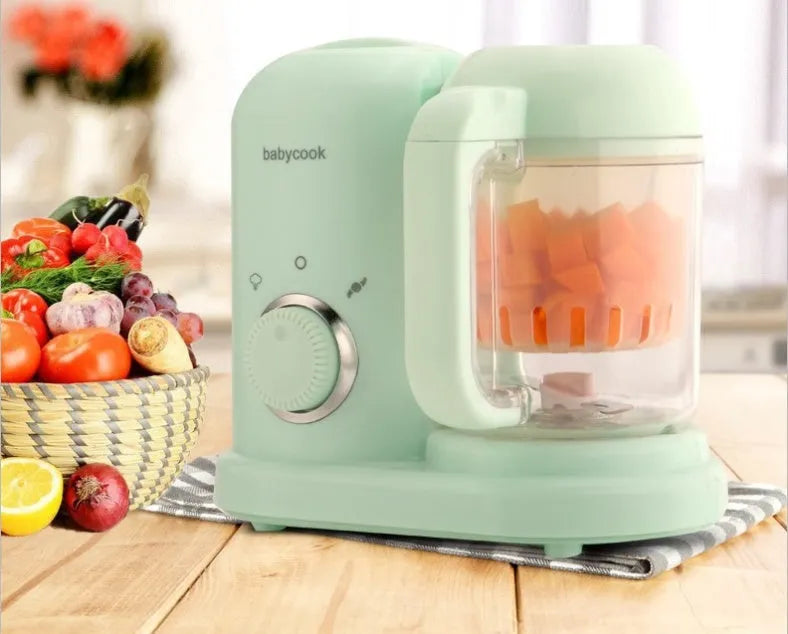 Green baby food processor steamer and blender with double mixing blades and 10 litre capacity