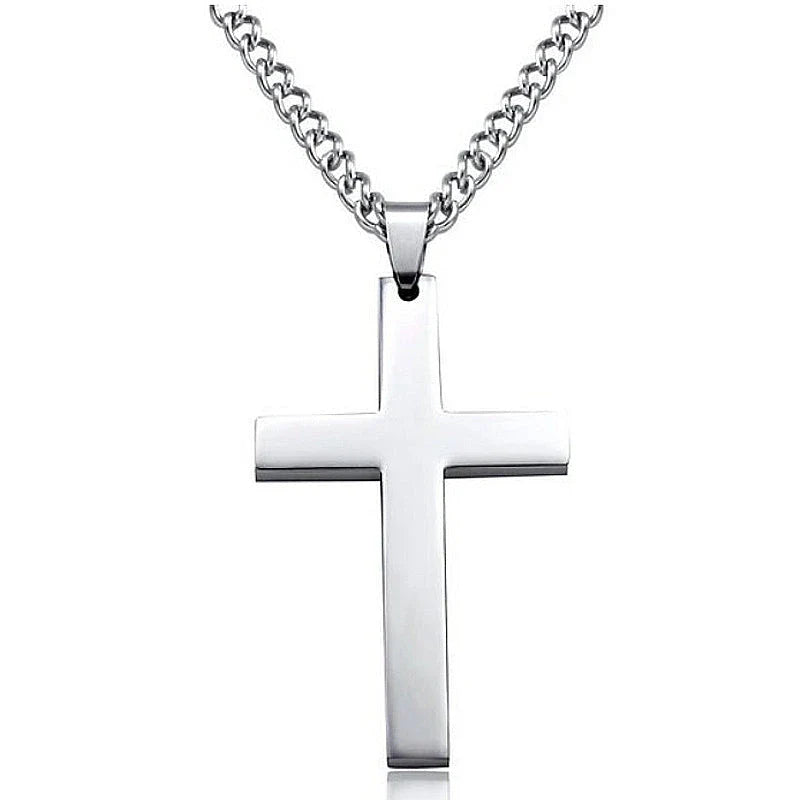 Stainless steel cross pendant necklace for men, available in black, silver, and gold finishes