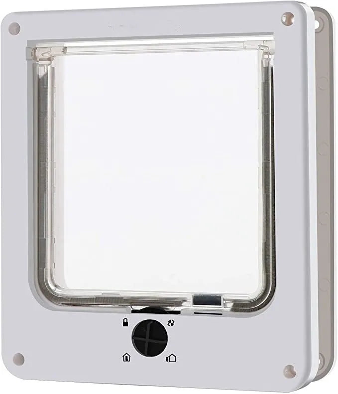 Interior cat door with rotary lock and magnetic closure in Black, showing the frame and flap