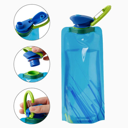 Collapsible outdoor water bottle with carabiner in blue, white, and black colors