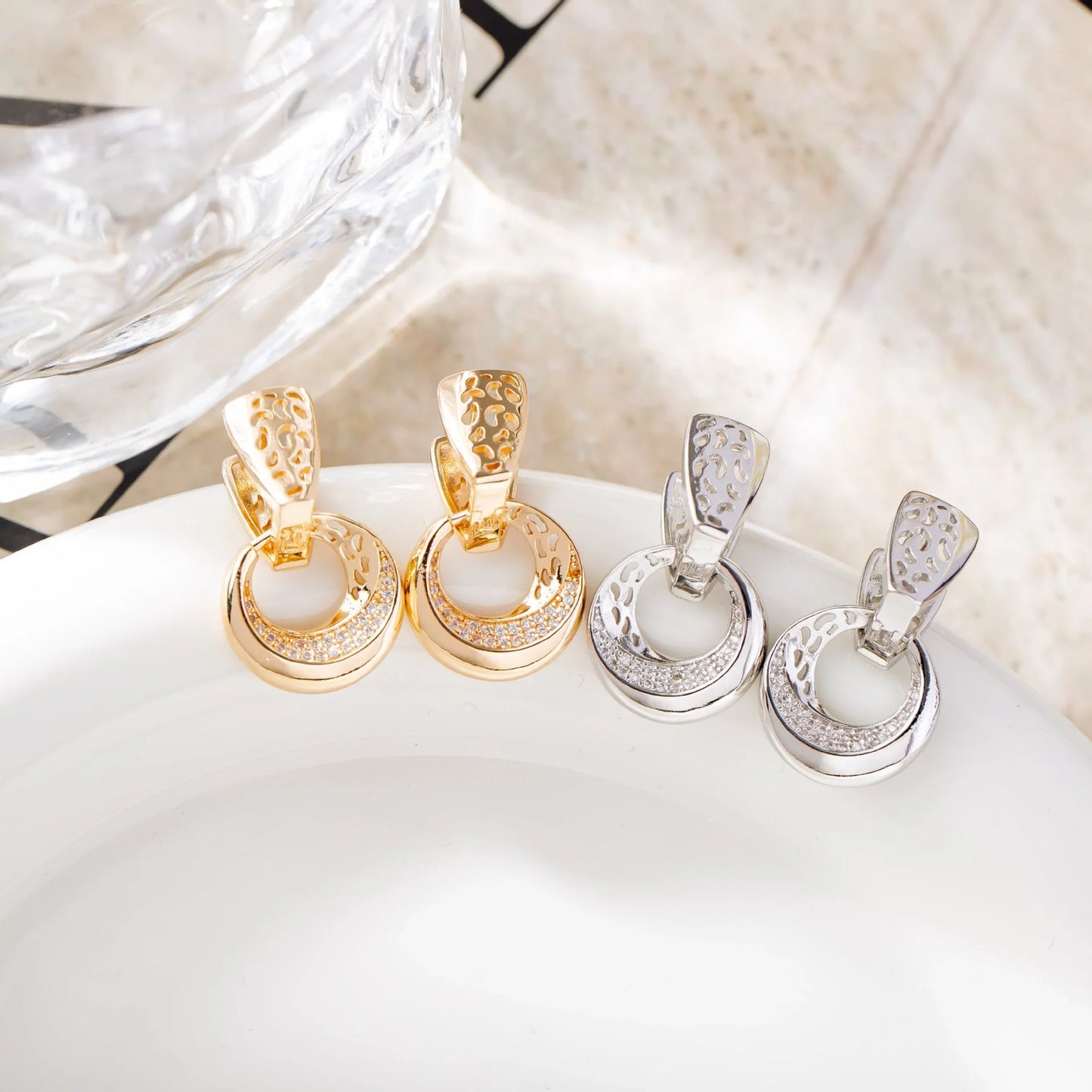 Hollow round moon drop earrings with natural zircon flower in rose gold and silver