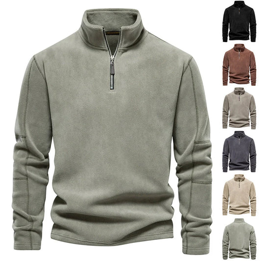 Men's stand-collar zippered fleece sweatshirt in olive green, brown, and dark grey