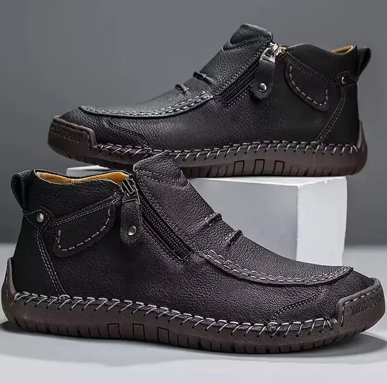 Chelsea plus size men's casual slip-on high top shoes with animal pattern and sewing line detail in brown