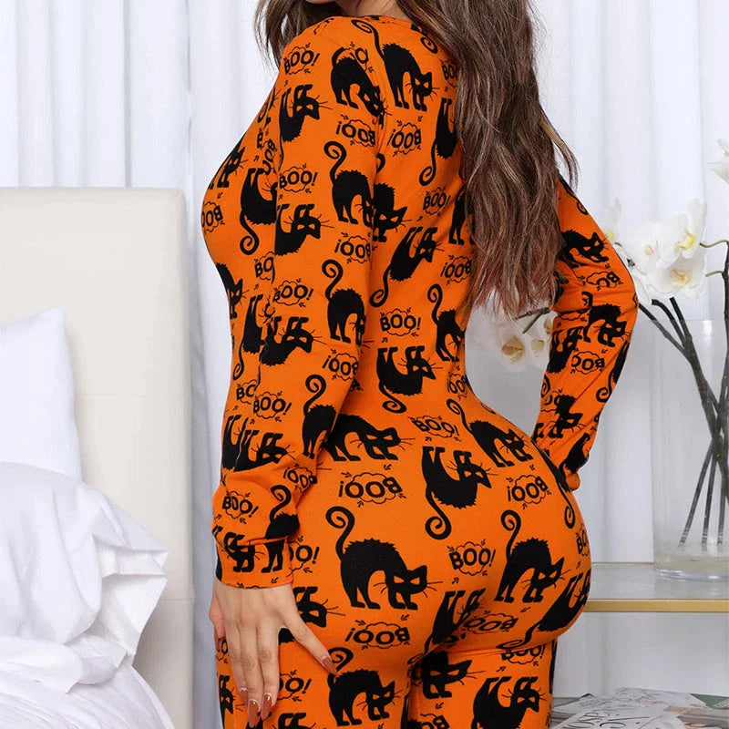 Stylish Halloween-themed pajama jumpsuit with long sleeves and a variety of vibrant prints