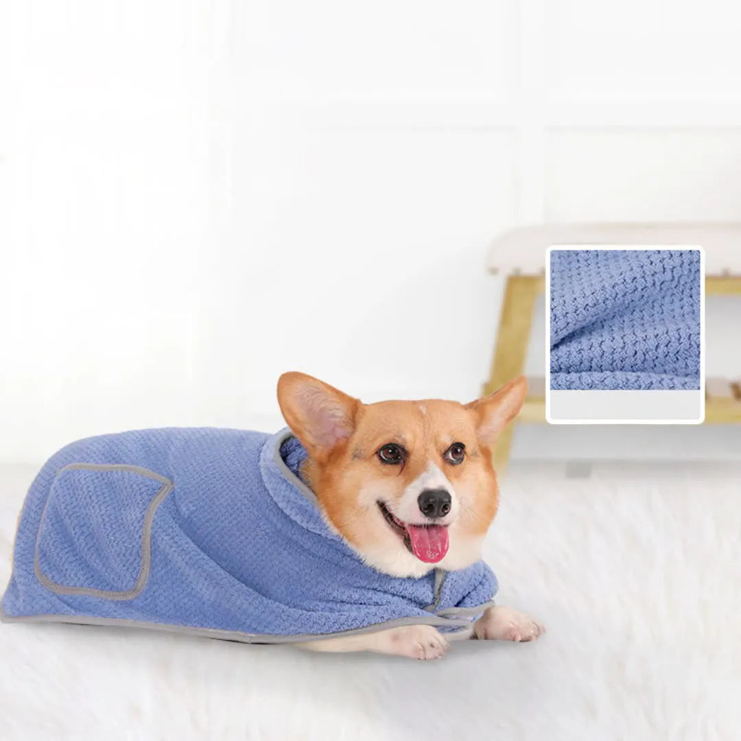 Blue dog bath robe towel with adjustable waistband wrapped around a dog, showing soft fleece material.