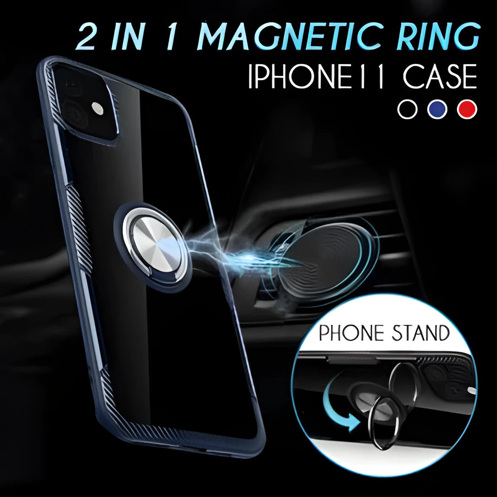 Black PU protective back cover case for iPhone mounted in a car holder, showing full access to charging port and buttons.