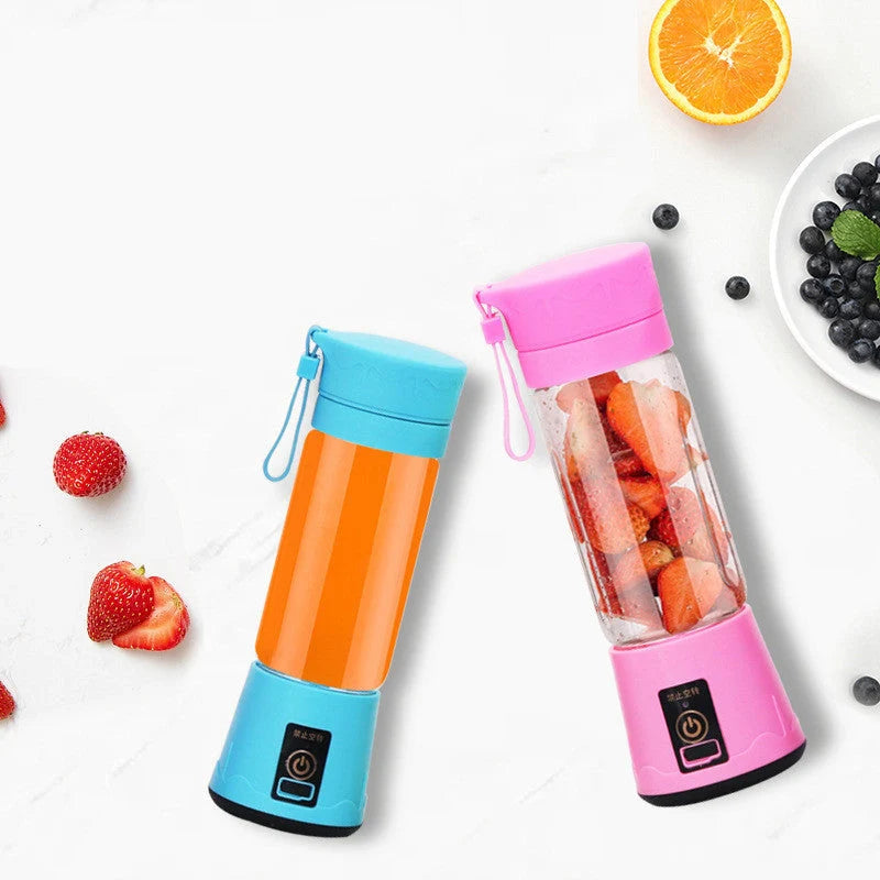 Portable Mini Electric Juicer in various colors with stainless steel blades