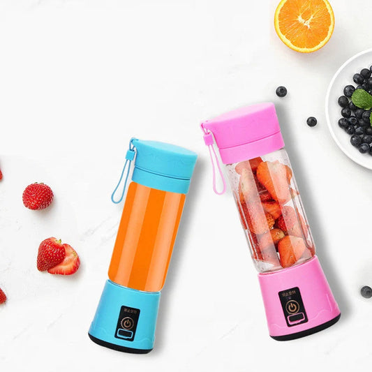 Portable Mini Electric Juicer in various colors with stainless steel blades