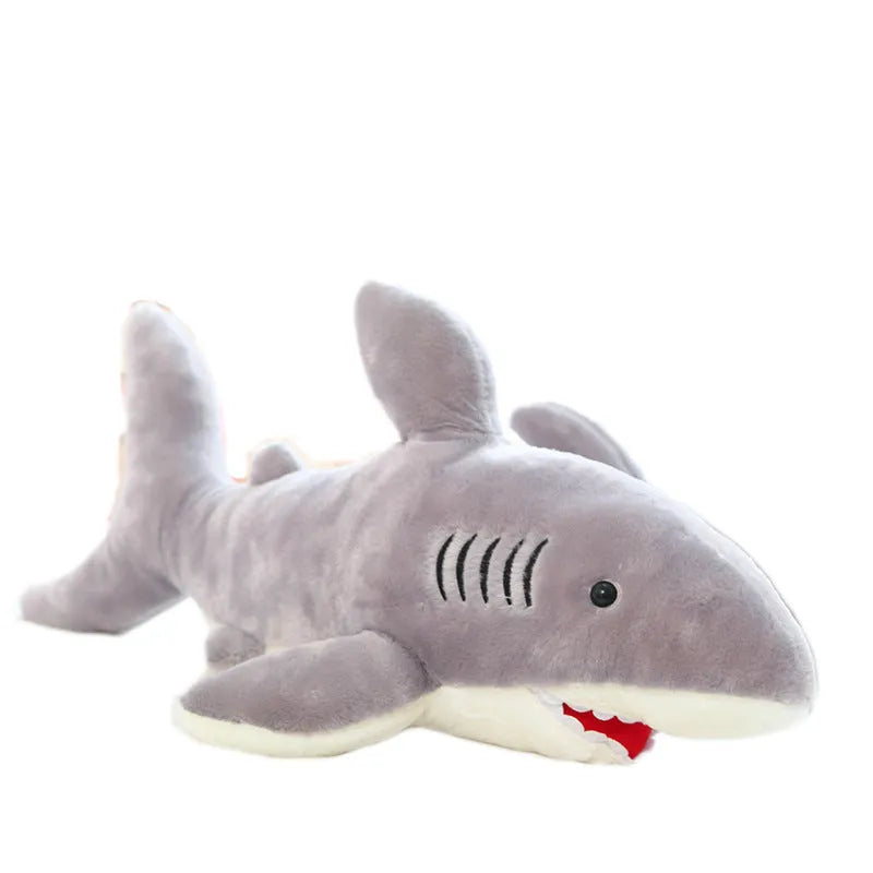 Grey shark plush toy 70cm long with short plush fabric and PP cotton filling, front view