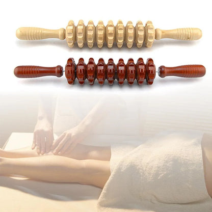 Wooden roller massage stick showing 39 cm length with 18 cm roller section and steel shaft construction