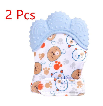 Baby silicone molar teething gloves in various colours with secure Velcro strap