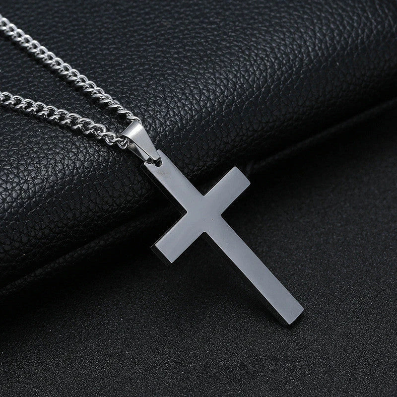 Stainless steel cross pendant necklace for men, available in black, silver, and gold finishes