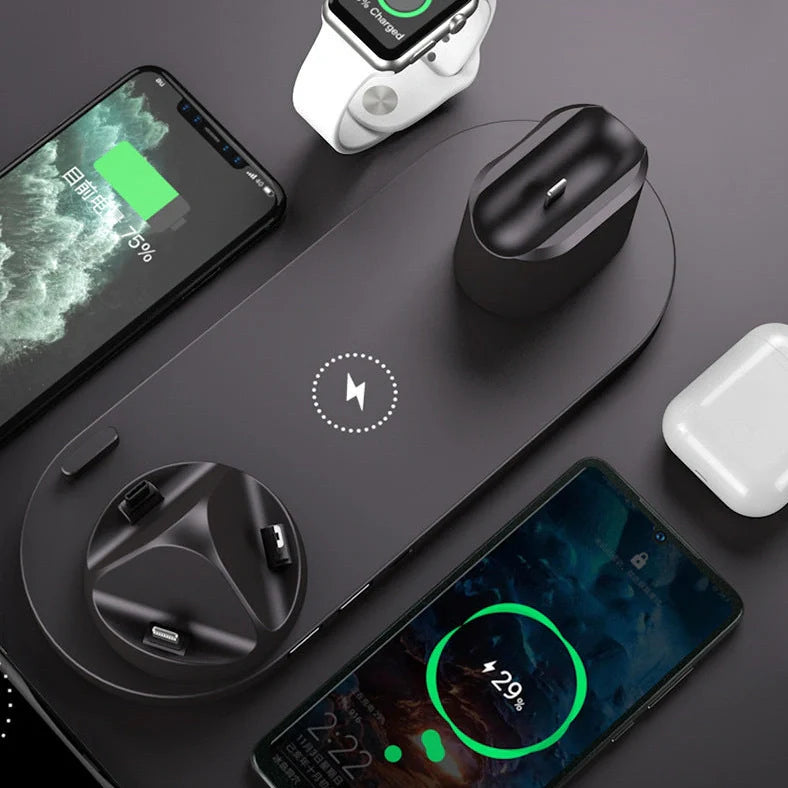 WS5 six-device wireless charger showing compact 23cm design with multiple phone charging positions