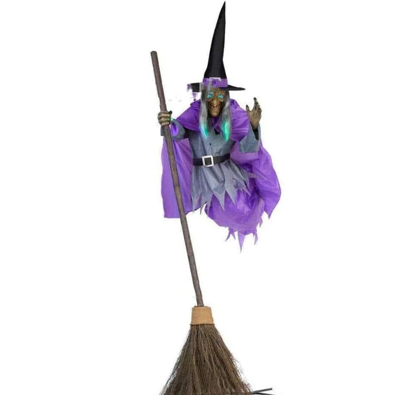 Halloween flying witch decoration with broom and scary sound, 180cm tall