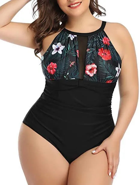 Women's black lace one-piece swimsuit on a mannequin, showing side view with red floral and stripe pattern options.