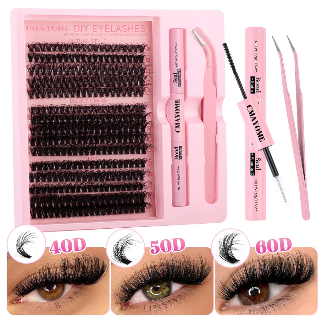 DIY single cluster false eyelash extension suit with eyelash tweezers on a white background.