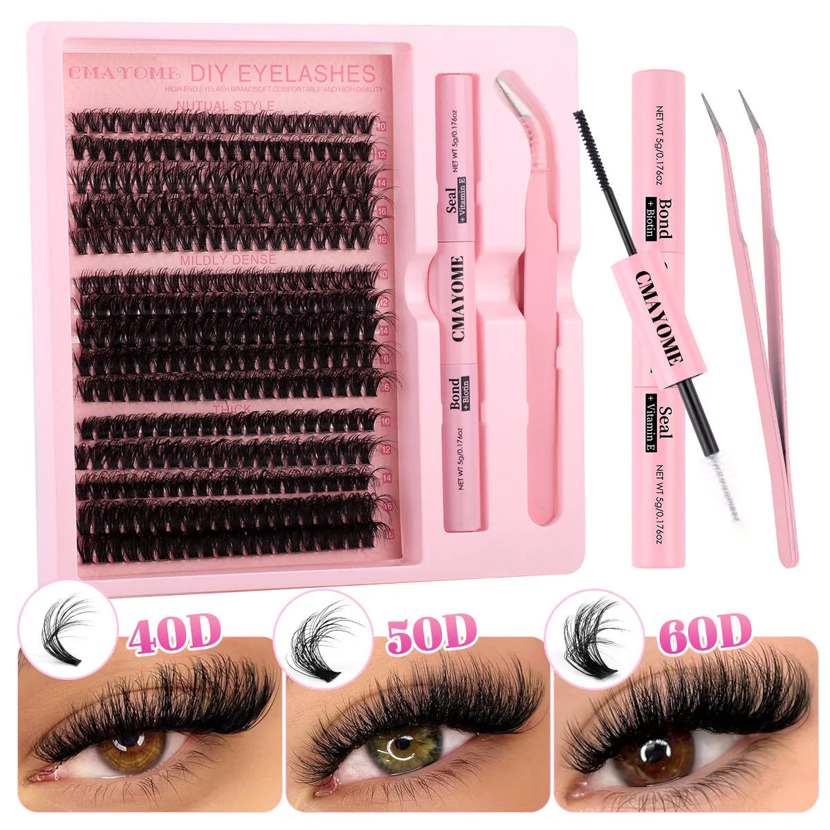 DIY single cluster false eyelash extension suit with eyelash tweezers on a white background.