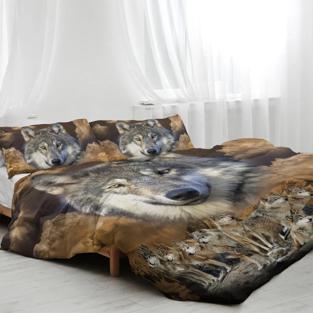 Brown wolf pack design 3 piece bedding set with microfiber comforter and two pillow shams