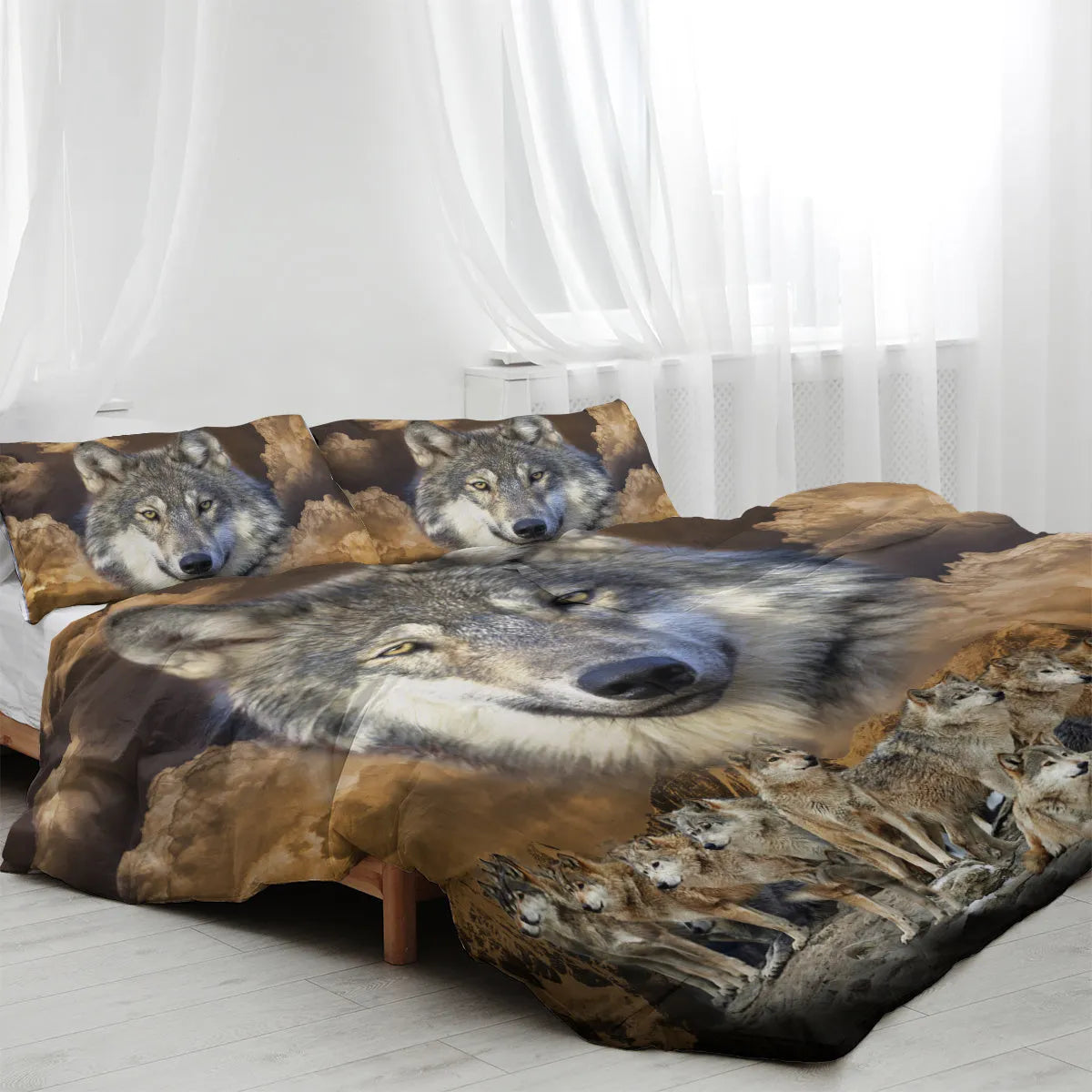 Brown wolf pack design 3 piece bedding set with microfiber comforter and two pillow shams