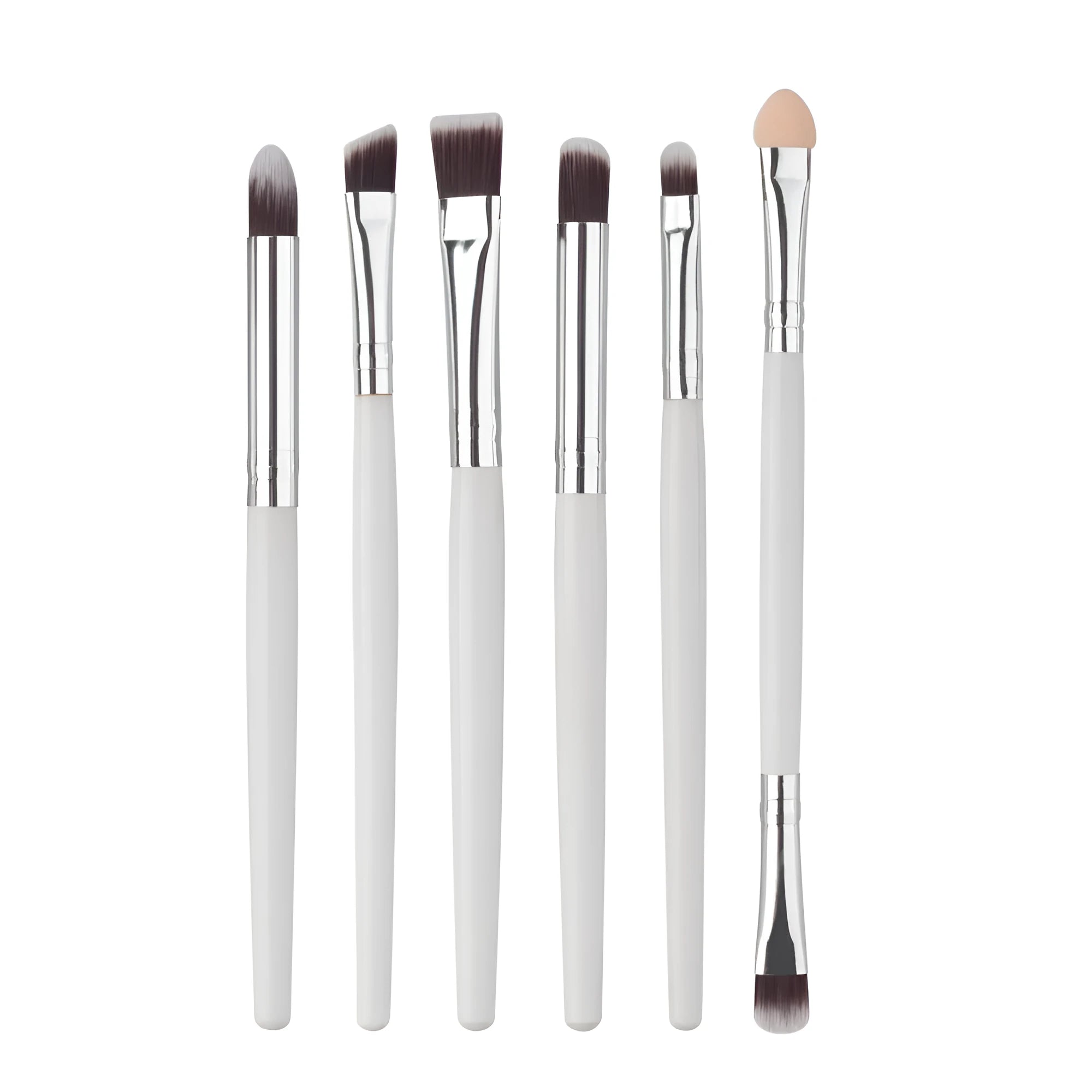 6-piece eye makeup brush set with wood handle and nylon bristles in black, green black, purple black, and white options