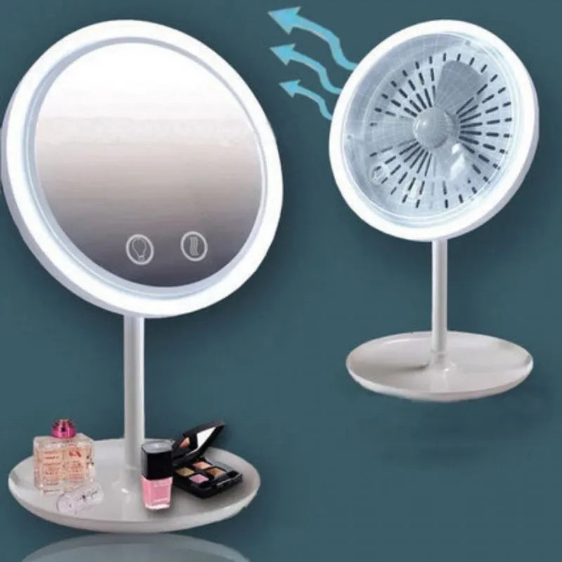 White foldable fan LED light makeup mirror on a desk with adjustable lights