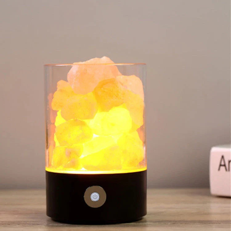 Himalayan salt lamp with natural pink-orange glow, releasing negative ions to purify the air and create a calming, relaxing atmosphere