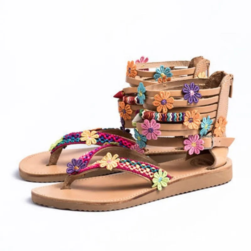 Women's ethnic beaded petal sandals with round toe and floral Roman shoe design