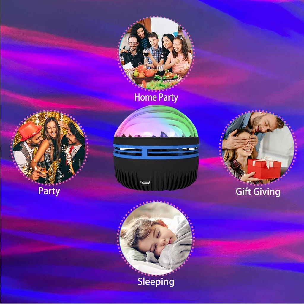 Compact USB-powered LED galaxy projector lamp with remote control on a table