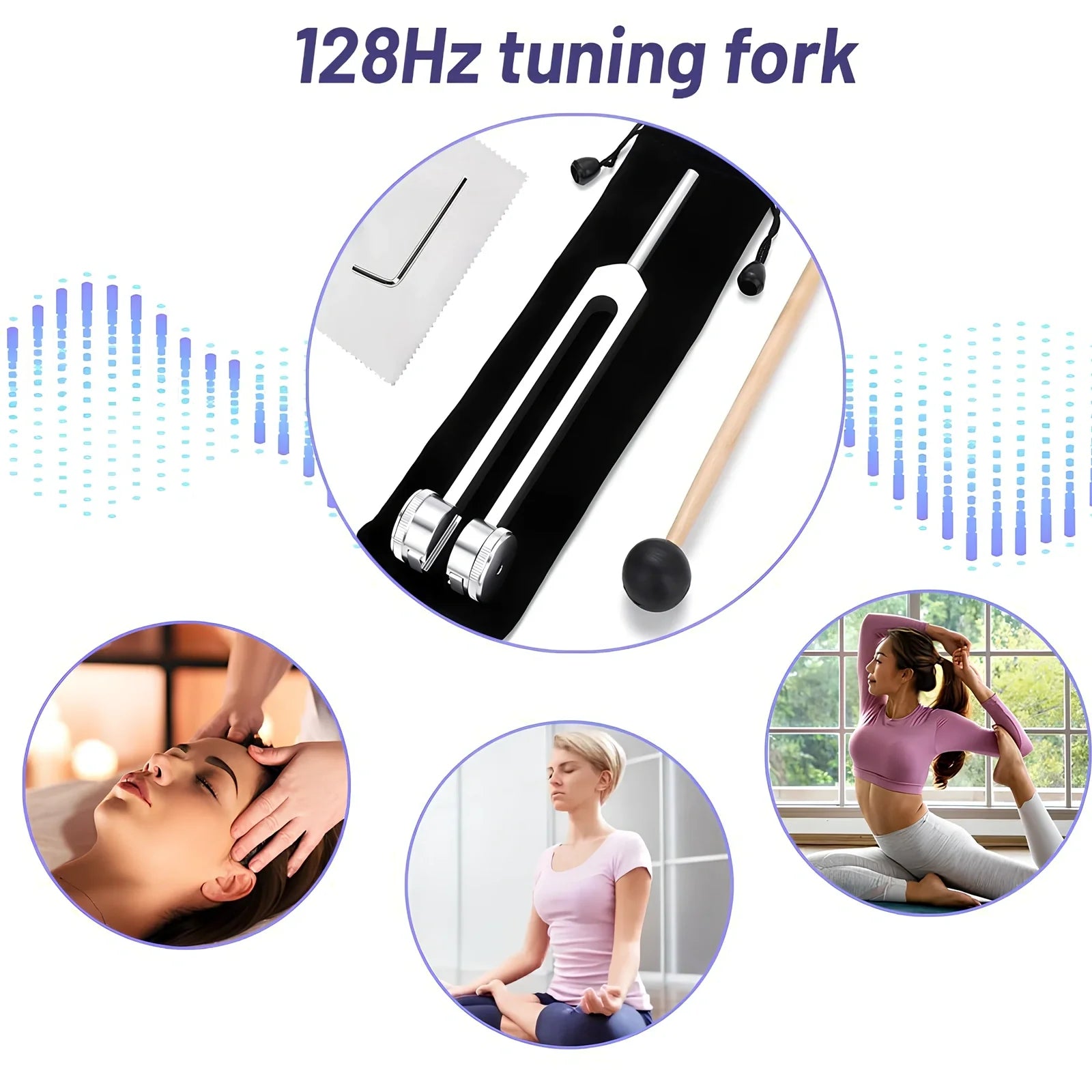 Silver 128 Hz weighted bio-acoustic tuning fork set with hammer, velvet pouch, and accessories for sound therapy