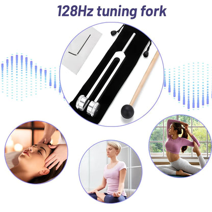 Silver 128 Hz weighted bio-acoustic tuning fork set with hammer, velvet pouch, and accessories for sound therapy
