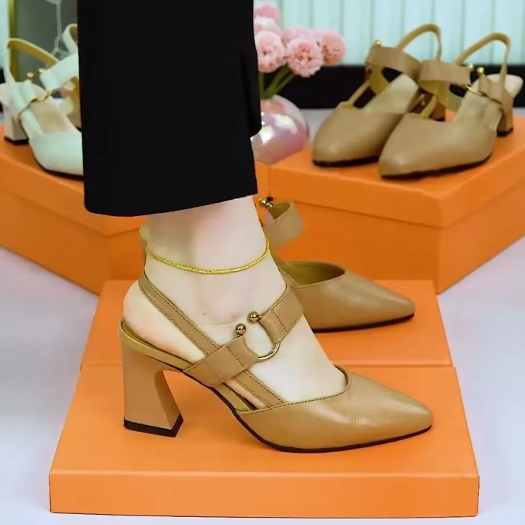 Women's closed toe leather sandals with a chunky block heel and ankle strap.