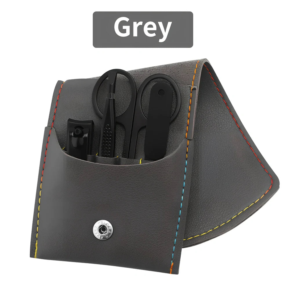 16-piece stainless steel manicure pedicure grooming kit in brown PU leather case with nail clippers and tools