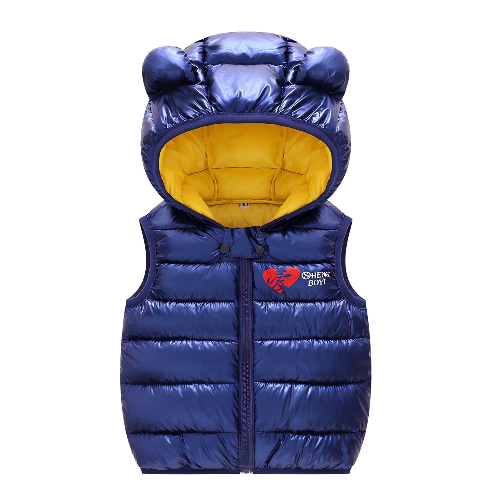 Children's blue hooded down vest, sleeveless with 70cm bust for 100cm height, polyester winter outerwear