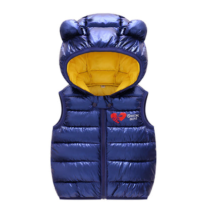 Children's blue hooded down vest, sleeveless with 70cm bust for 100cm height, polyester winter outerwear