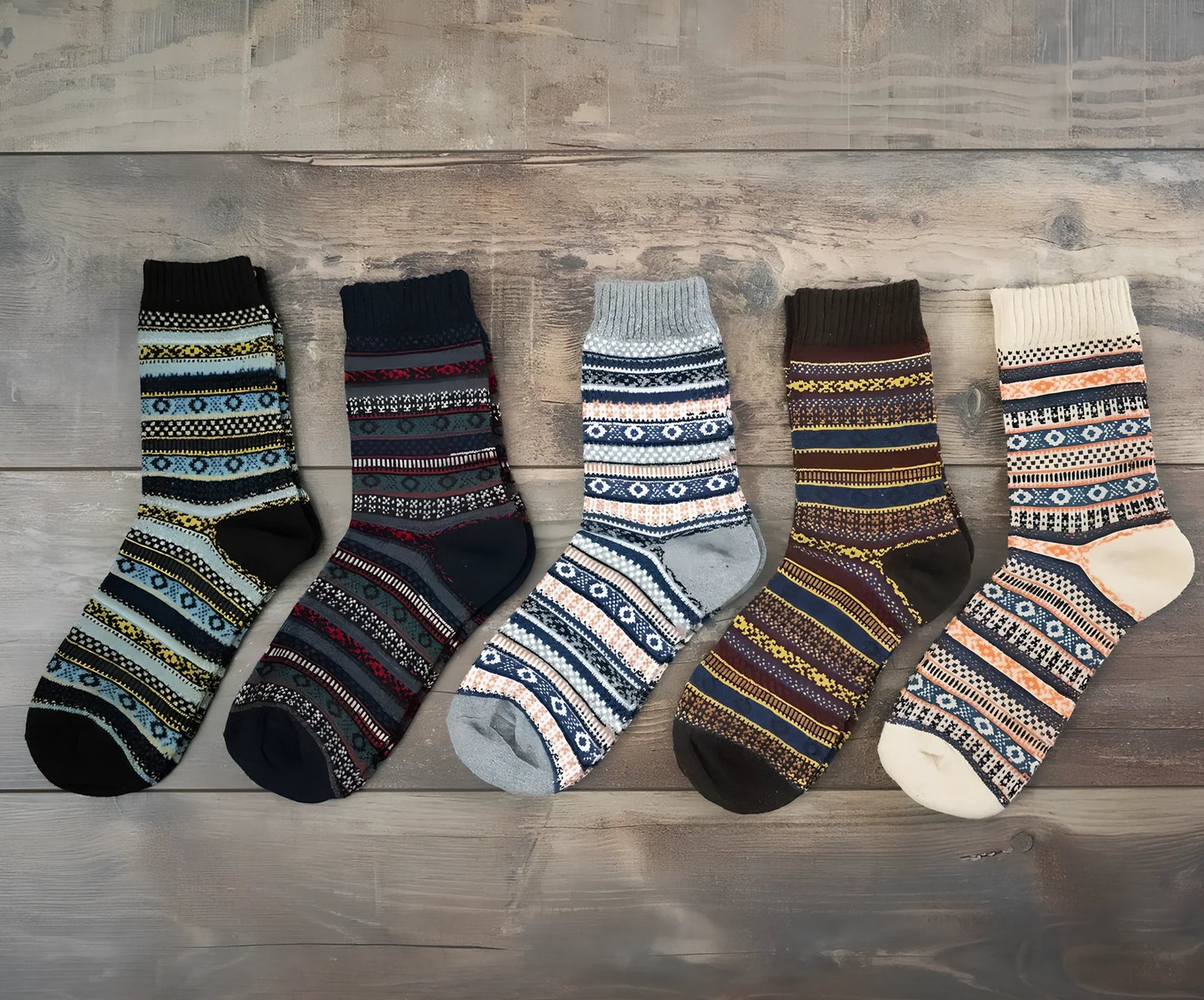 Pack of 5 thick stripe wool blend socks in various colours, featuring 15% rabbit hair for winter warmth, fitting sizes 39-42