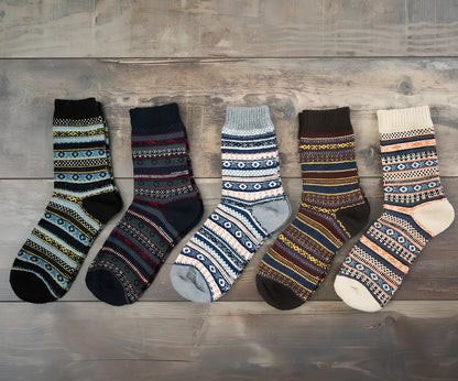 Pack of 5 thick stripe wool blend socks in various colours, featuring 15% rabbit hair for winter warmth, fitting sizes 39-42