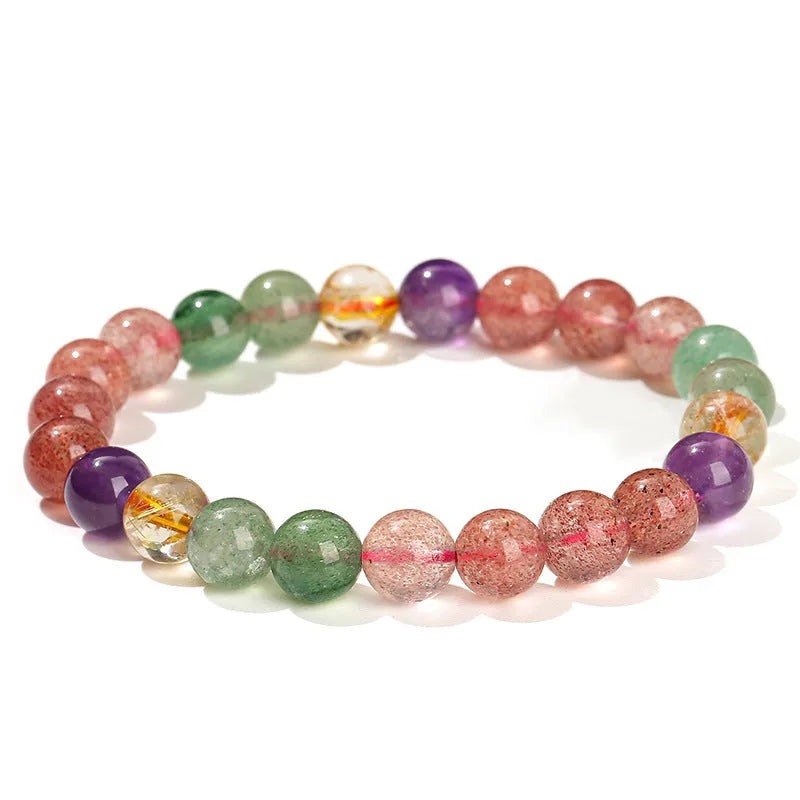 Natural tourmaline colour strawberry quartz bracelet with round beads in geometry style