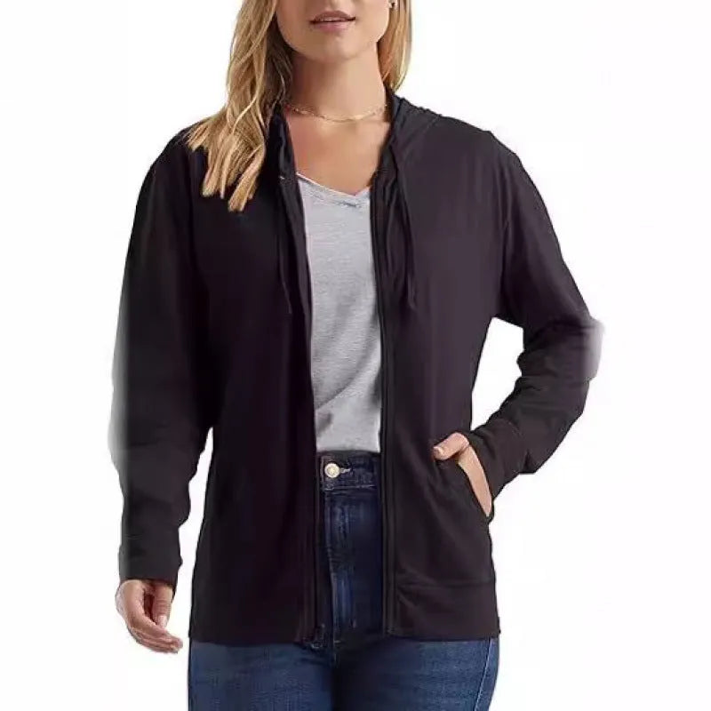 Women's solid colour loose fit pullover hoodie in dark blue, shown front view.