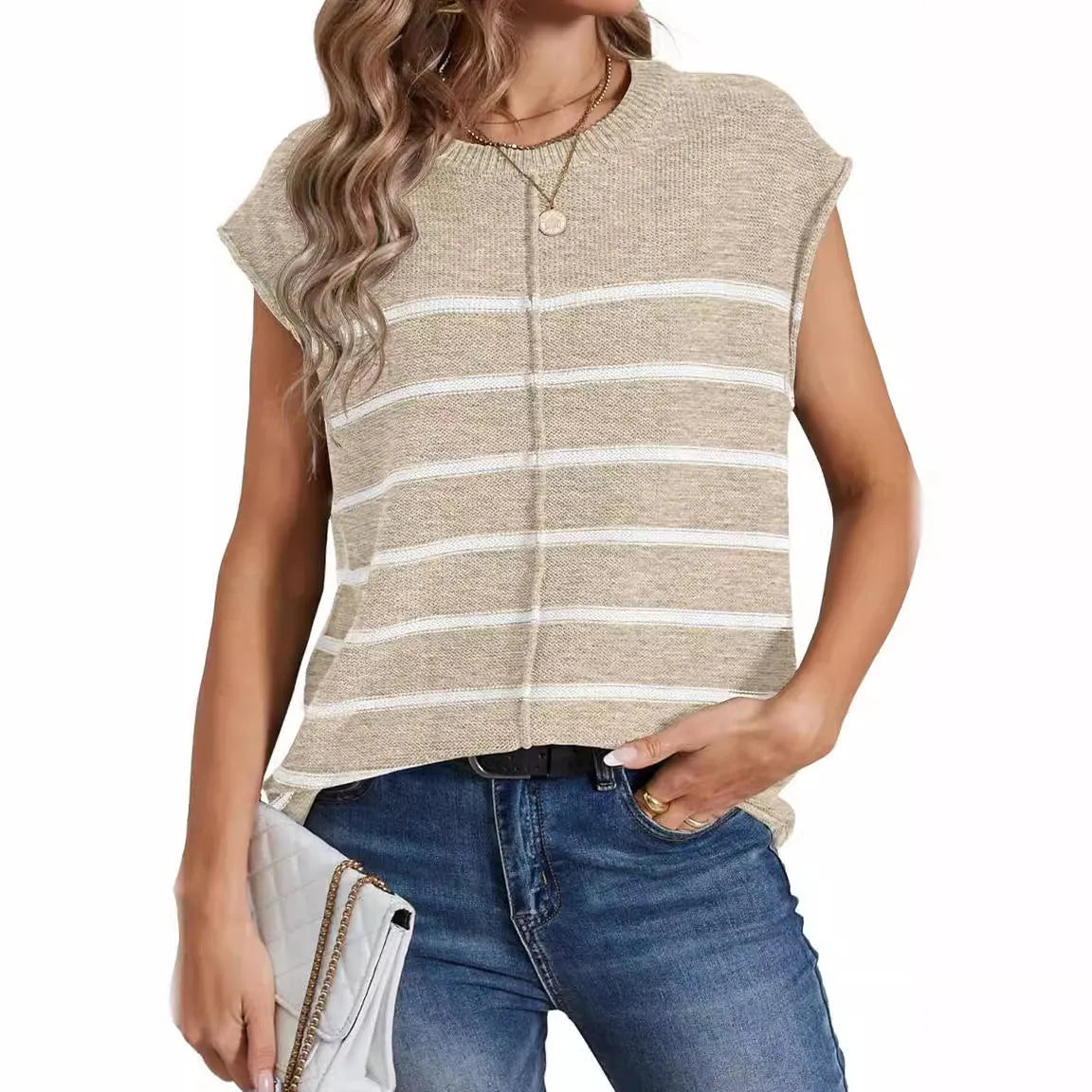 Women's striped sleeveless pullover vest with bone stitching detail in acrylic knit.