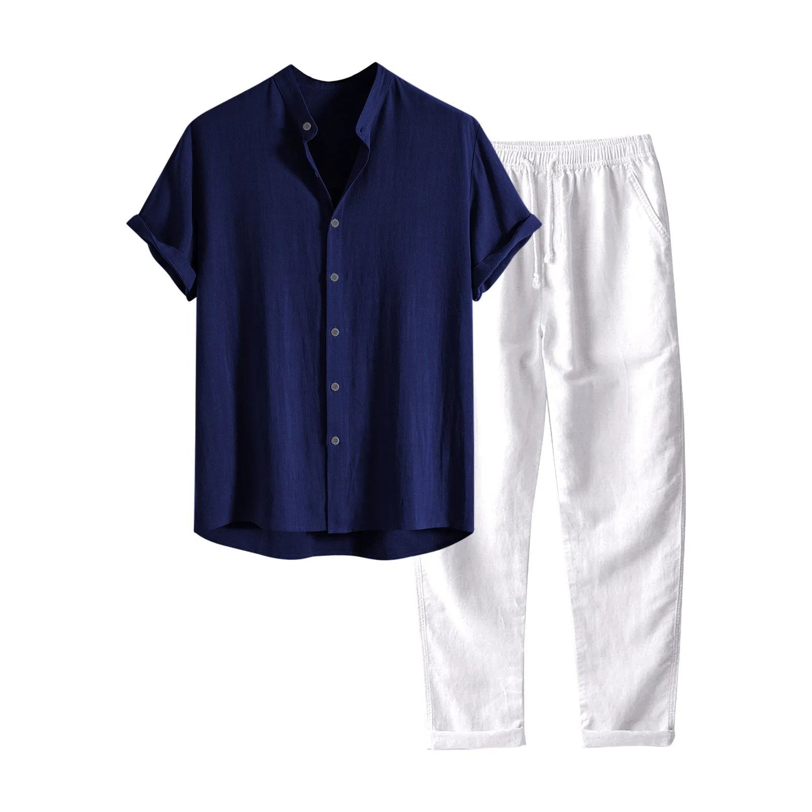 Men's loose fit casual short sleeve shirt and trousers set in linen-style fabric.