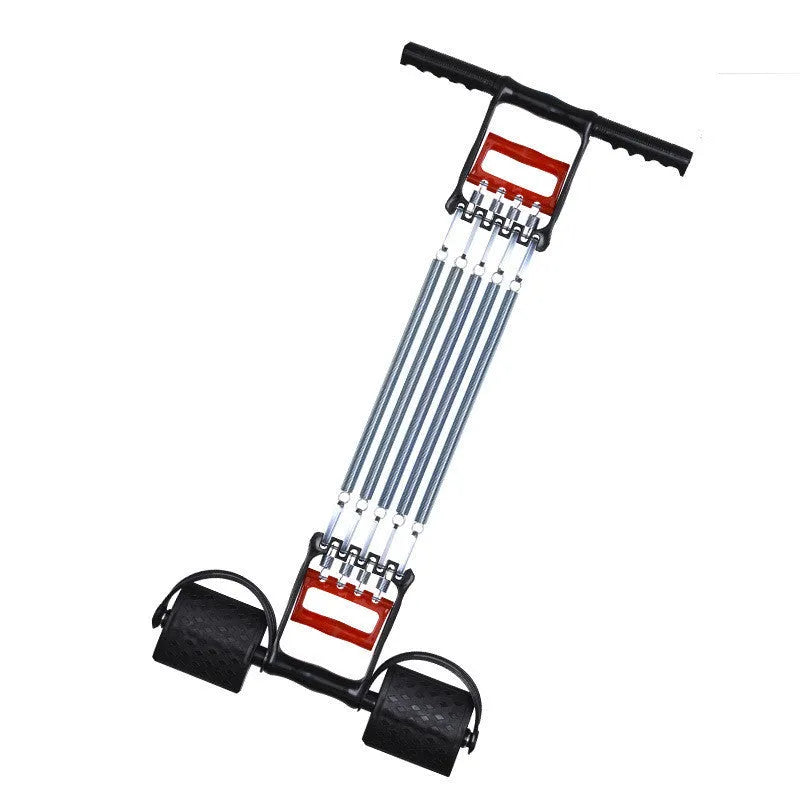 Spring multifunctional tension device with chest expander, arm strength trainer, and grip device in Rally colour, on white background