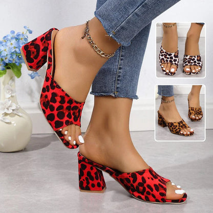 Leopard print square toe sandals with chunky heel for women in white, red, and camel