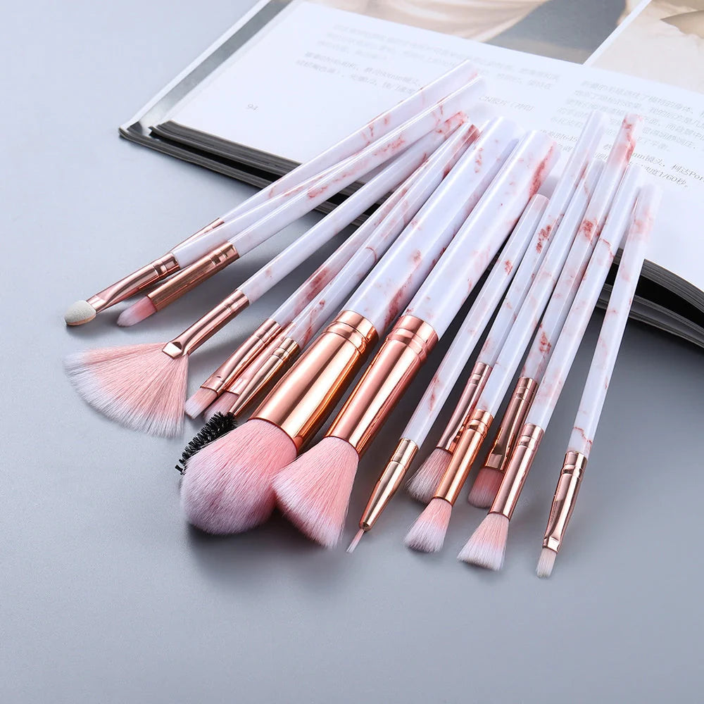 15-piece marbled design makeup brushes set with nylon bristles and wooden handles