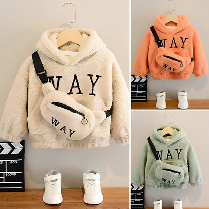 Children's cashmere fleece jacket with detachable cartoon hat in beige, green, or orange