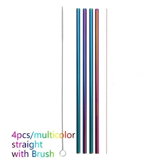 Colourful reusable stainless steel straws with threaded non-slip lines in various sizes and colours