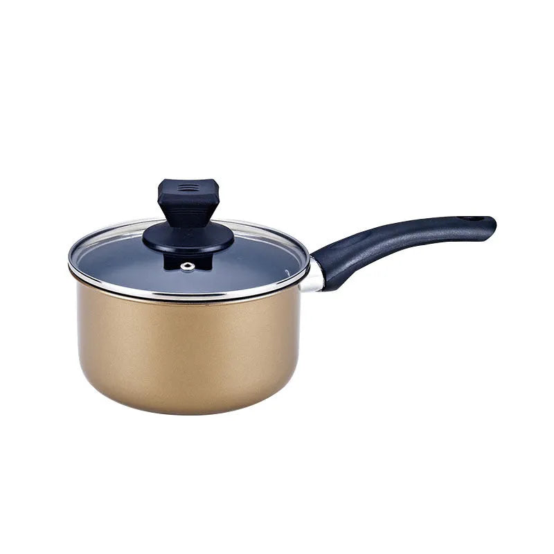 Three-piece cast iron cookware set showing a soup pot, milk pot, and wok with light luxury finish.