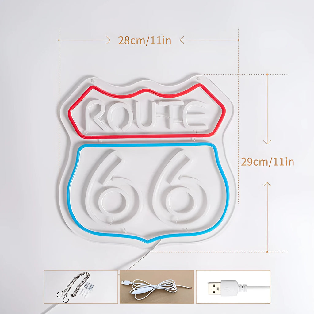 66 Highway LED neon word sign emitting warm white glow against a dark background