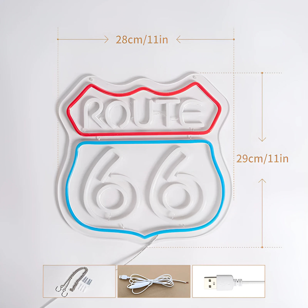 66 Highway LED neon word sign emitting warm white glow against a dark background