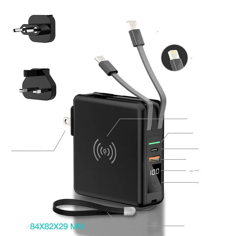 Black Super QI wireless power bank with integrated international plug adapters showing PD20W fast charging port.